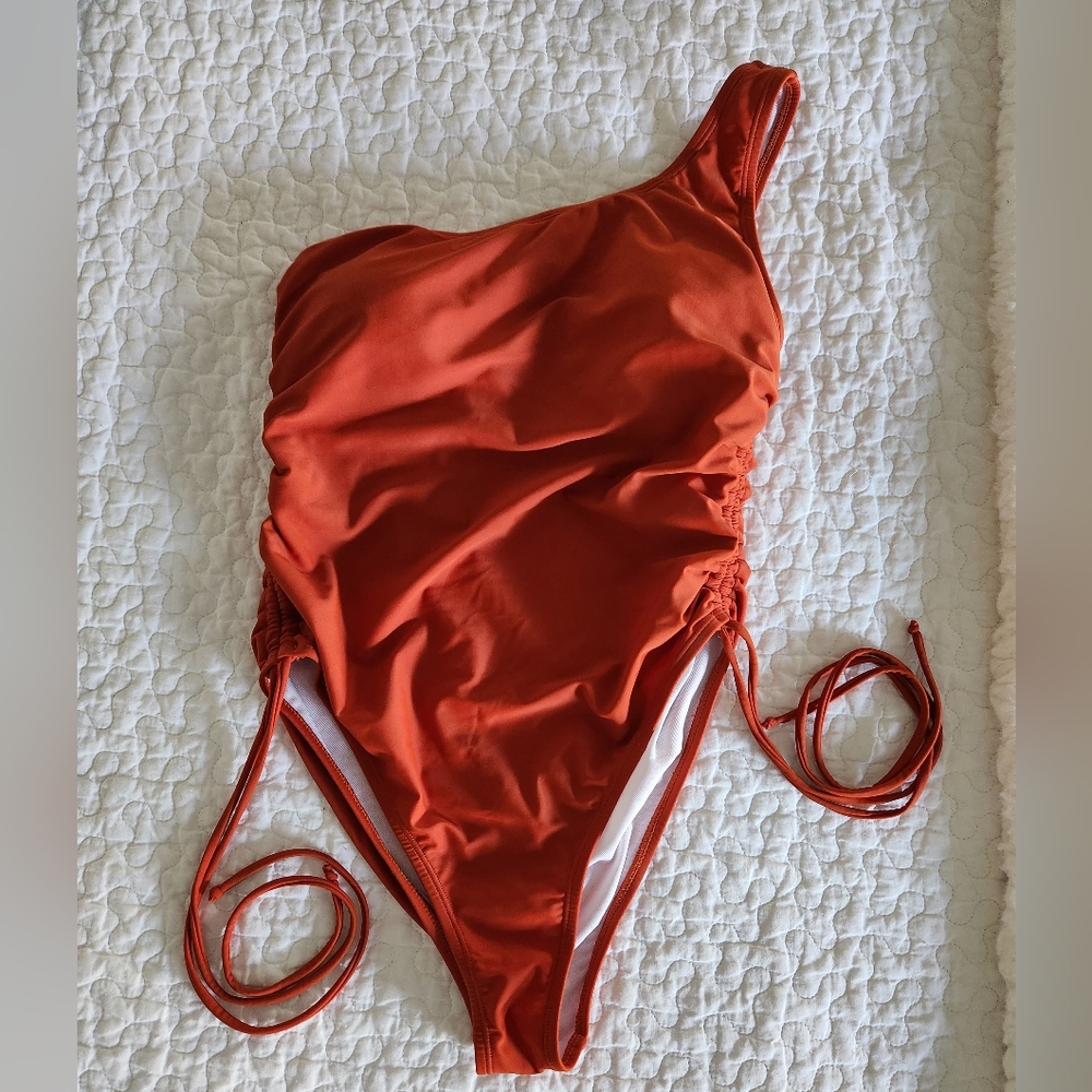 One shoulder orange one piece EUC